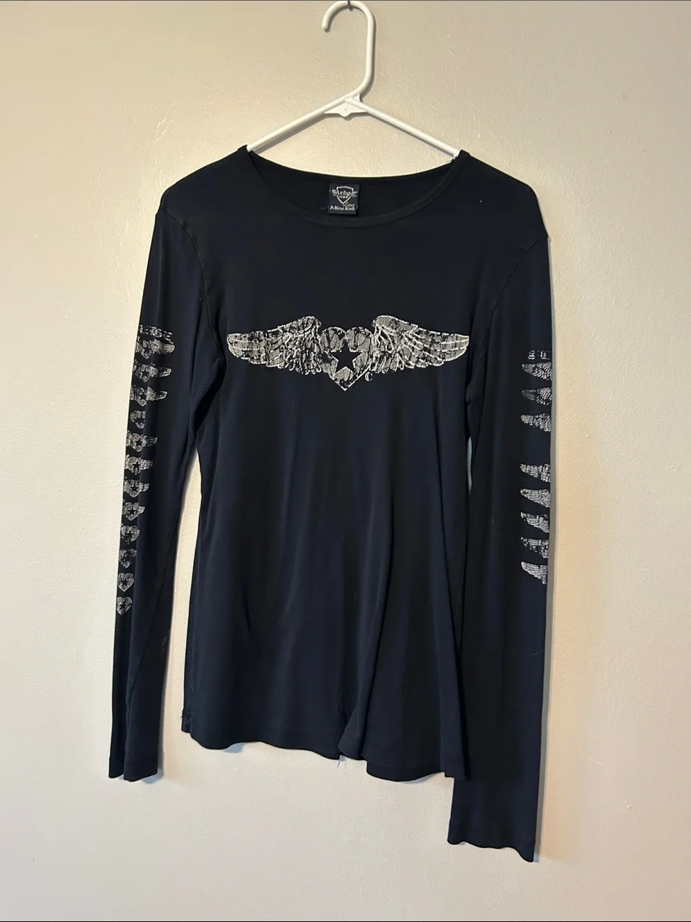 Affliction Black Long-Sleeve Tee with Distressed Winged Heart Graphic